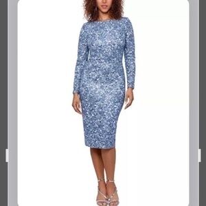 Xscape Boat Neck Long Sleeve Sequin & Lace Sheath Dress in Blue/Silver Size 12